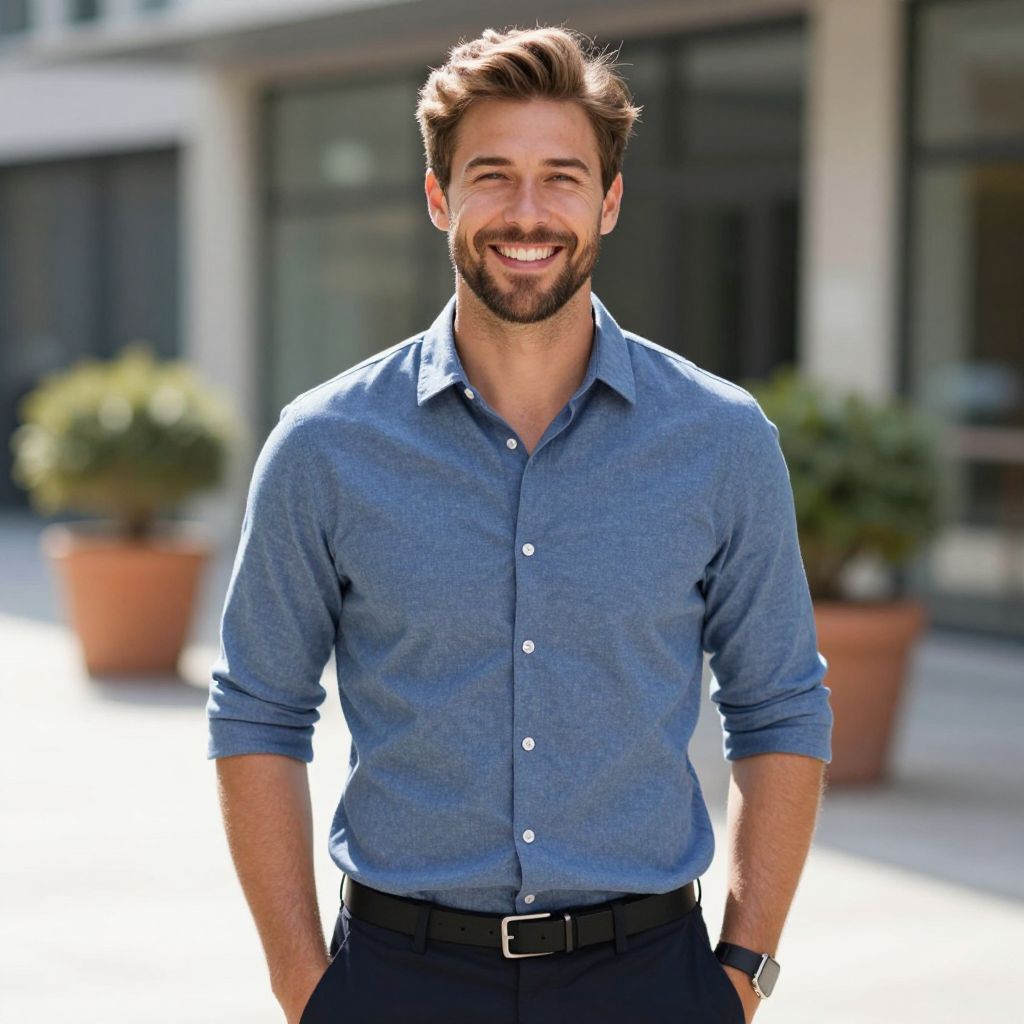 Smiling Young Man in Casual Blue Shirt Outdoors