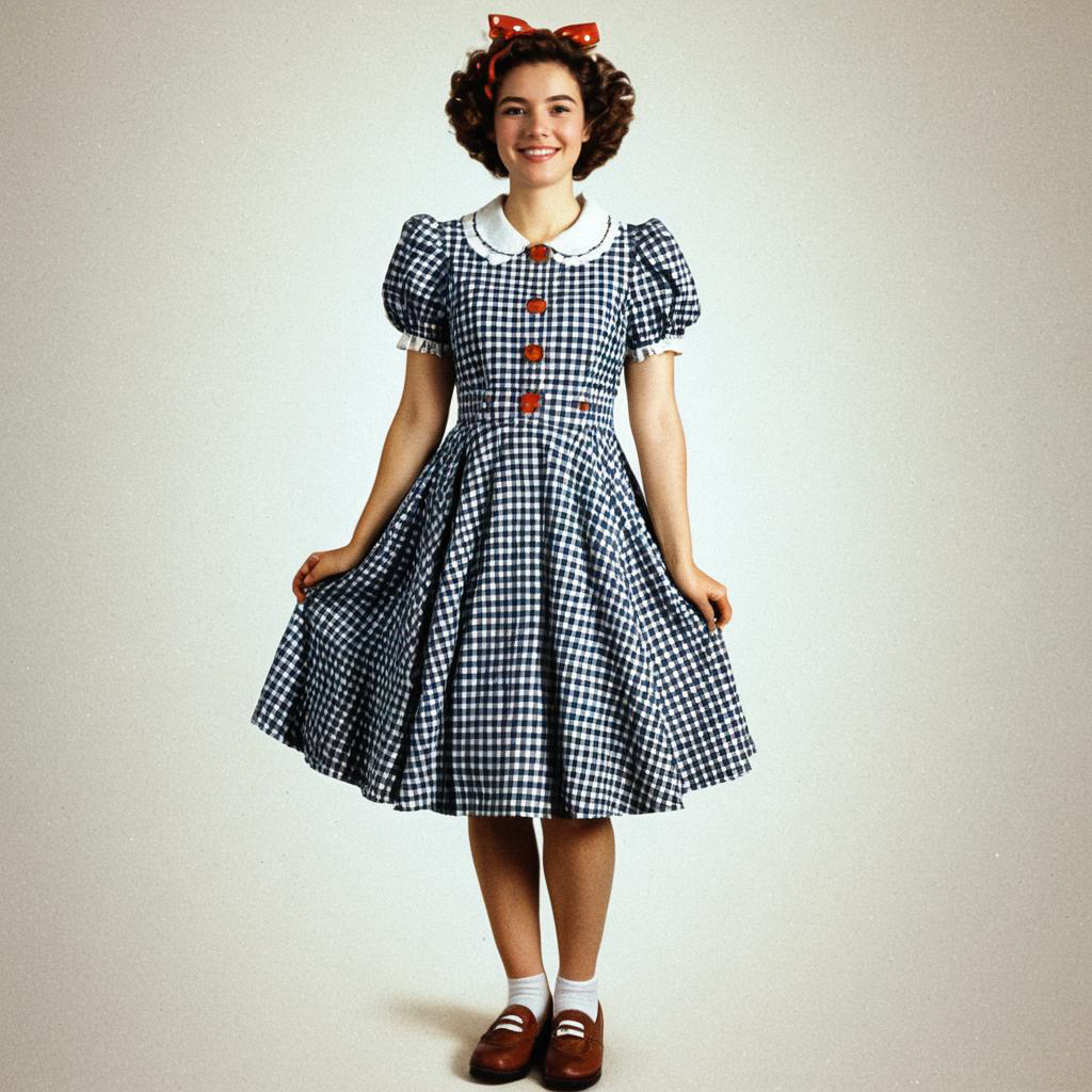 Smiling Woman in Vintage Checkered Dress with Red Bow Smiling Woman in Vintage Checkered Dress with Red Bow