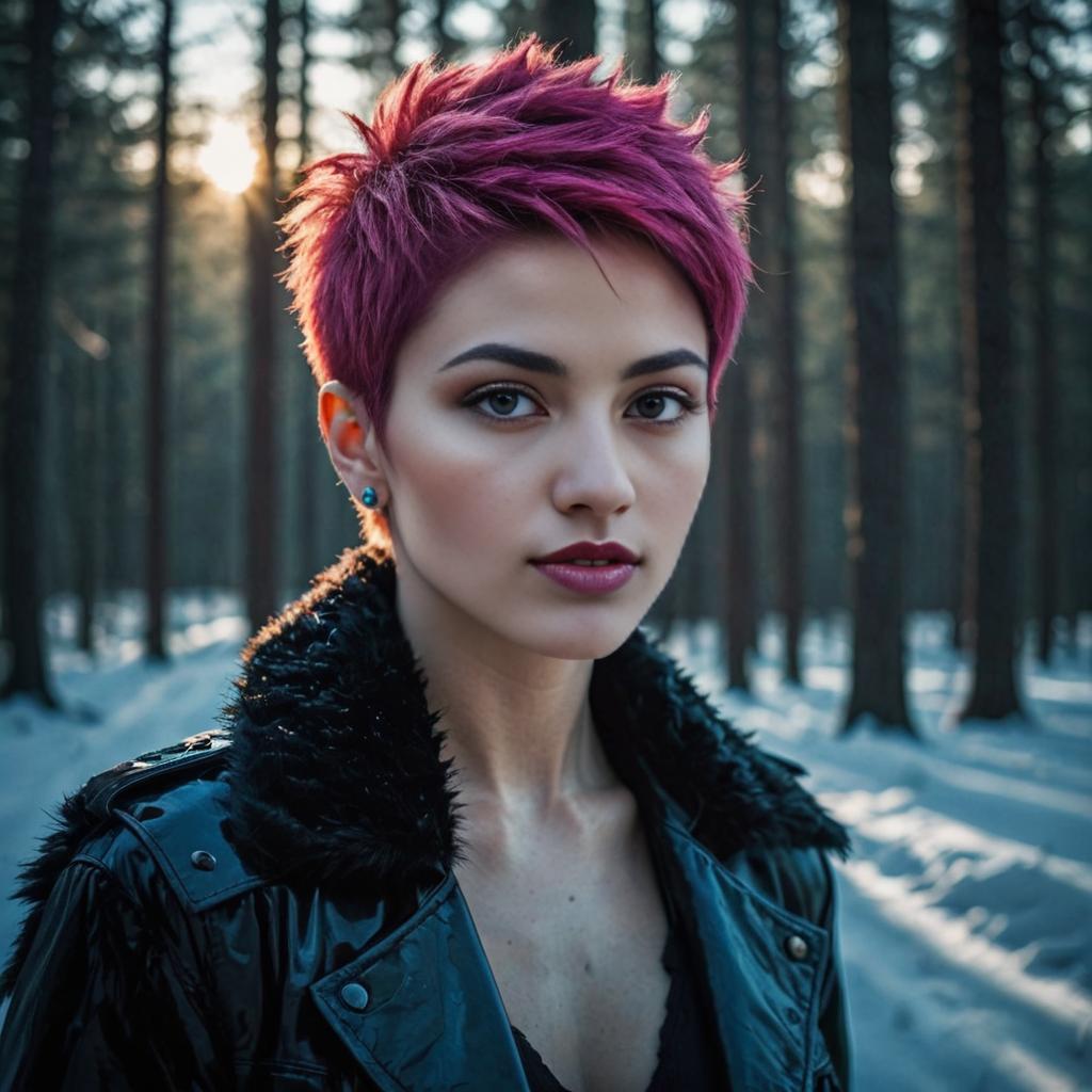 Portrait of a Woman with Purple Wolf-Cut in Winter Forest