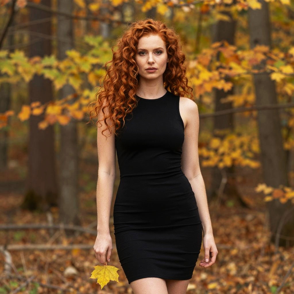 Red Haired Woman in Black Dress Holding Autumn Leaf in Forest