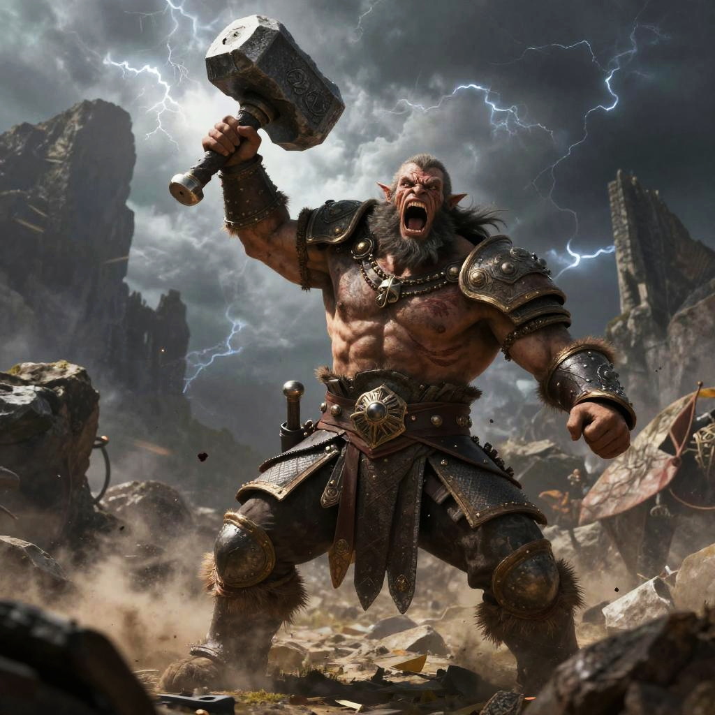 Fierce Orc Warrior with War Hammer on Stormy Battlefield