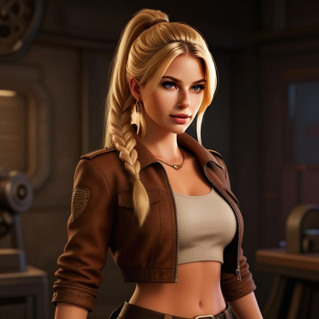 3D Render of Blonde Woman in Brown Cropped Jacket with Fishtail Braid