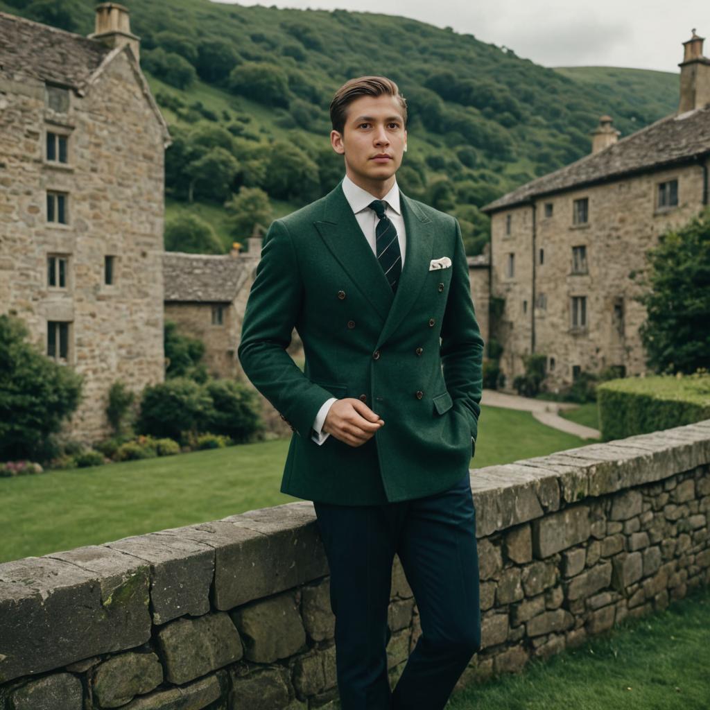 Man in Classic Green Suit Before Historic Buildings