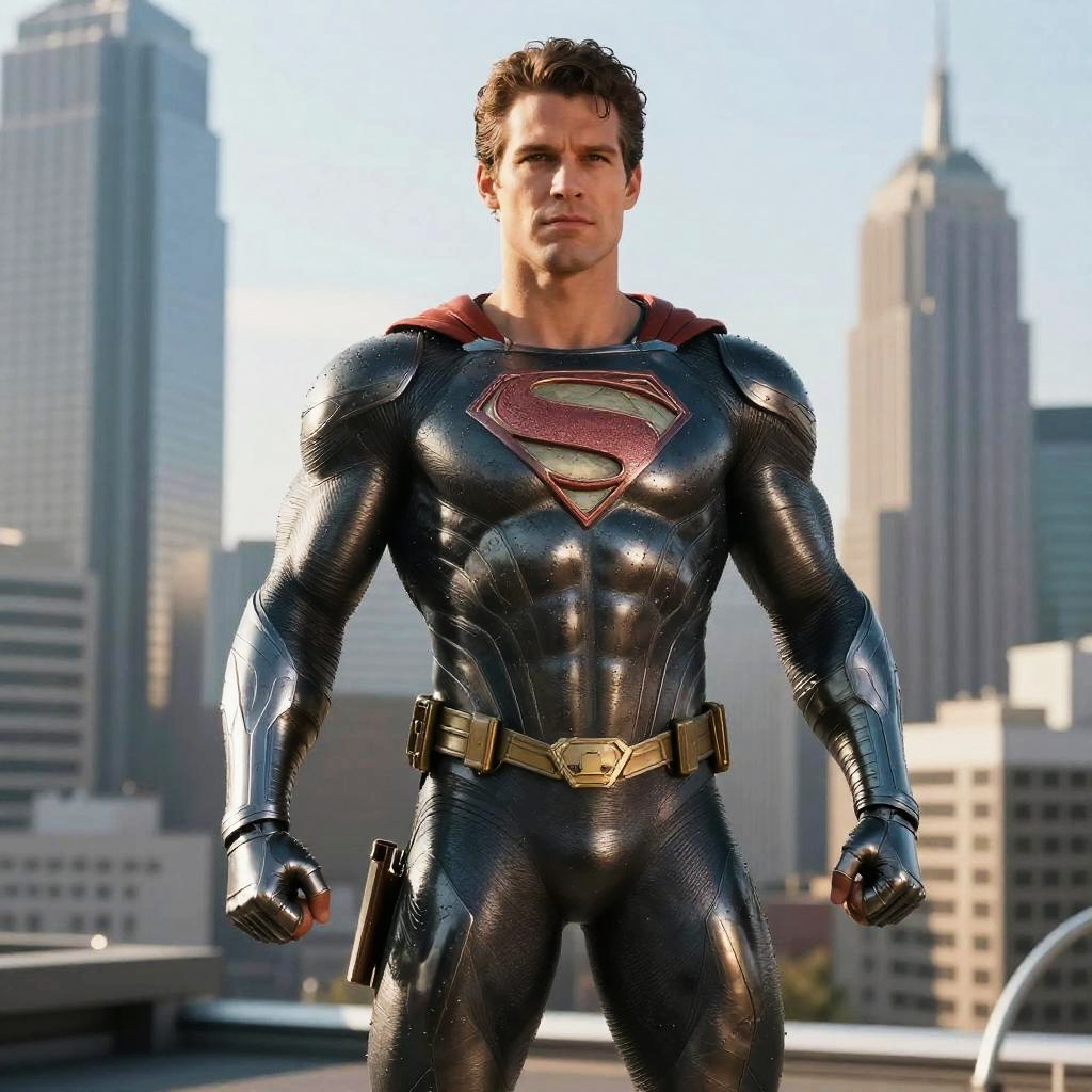 Modern Black Superman Suit with Red Emblem on City Rooftop