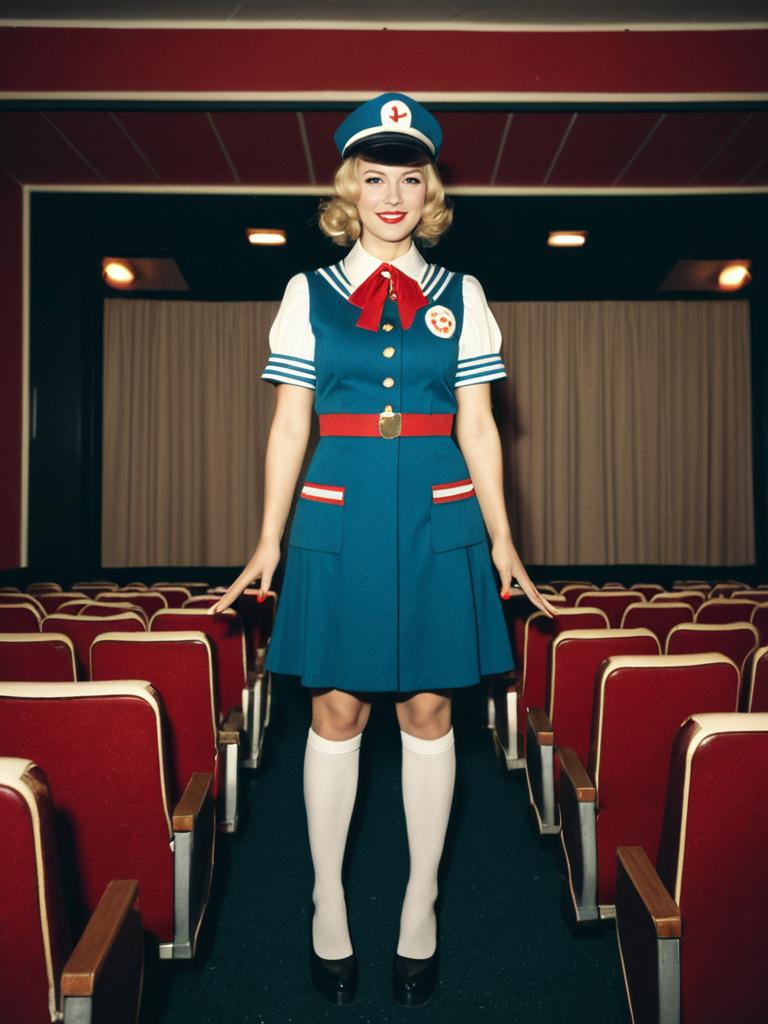 Woman in Retro Cinema Usherette Costume Full Body Cosplay Photo
