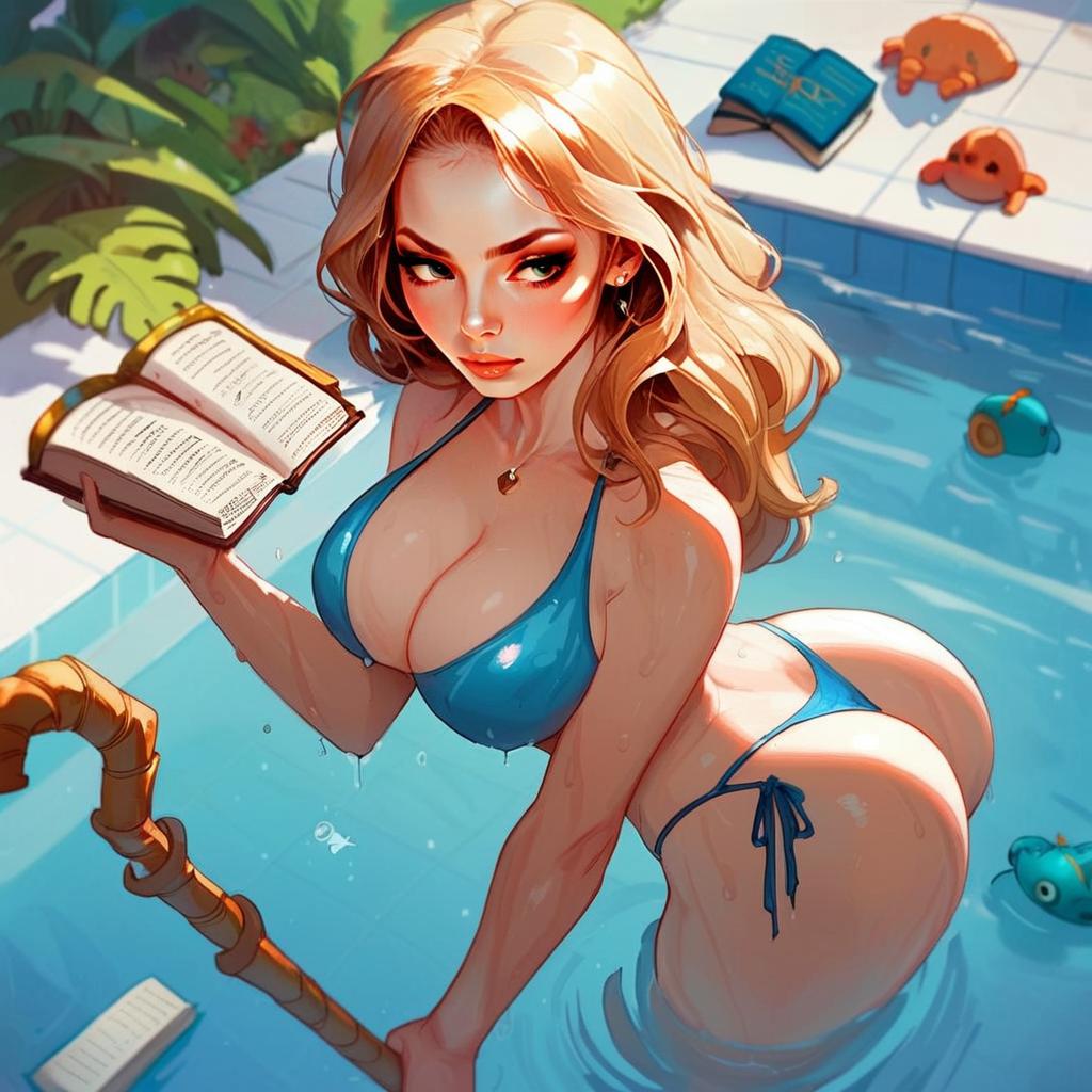 Woman Emerging from Pool with Book