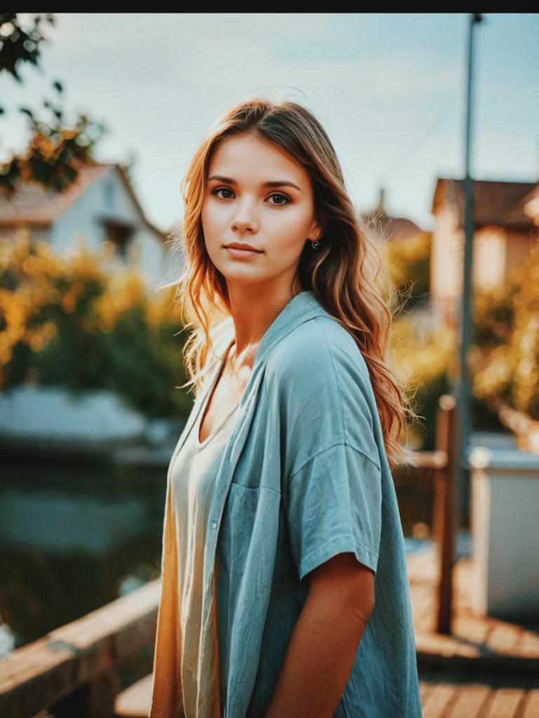 Woman in Casual Light Blue Blouse Outdoors