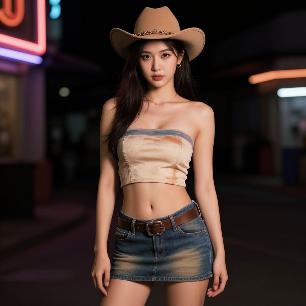 Young Woman in Western Style Crop Top and Denim Mini Skirt with Cowboy Hat at Night