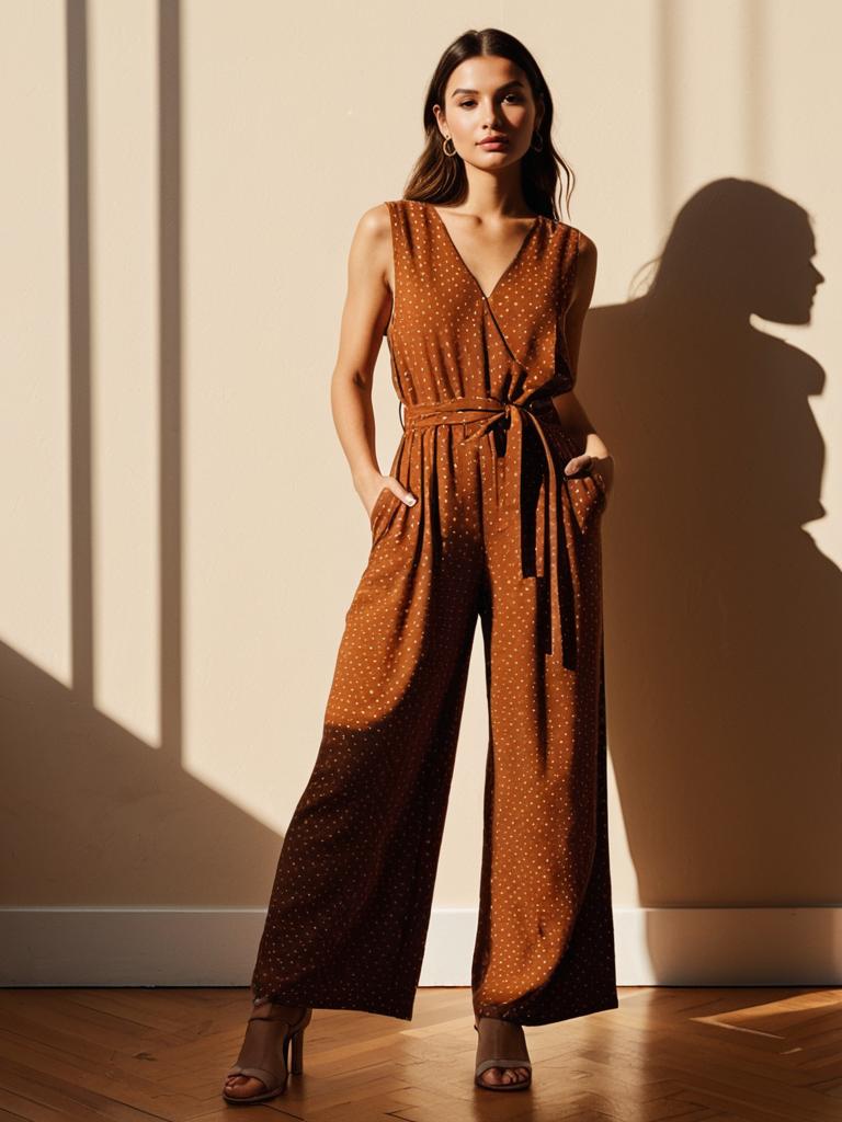 Woman Wearing Rust Polka Dot Sleeveless Jumpsuit with Waist Tie Standing Indoors
