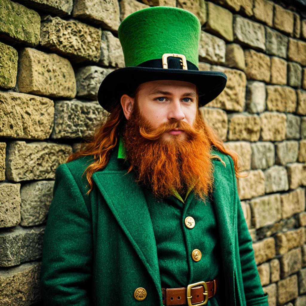 Man in Traditional Green Outfit with Red Beard and Top Hat by Stone Wall