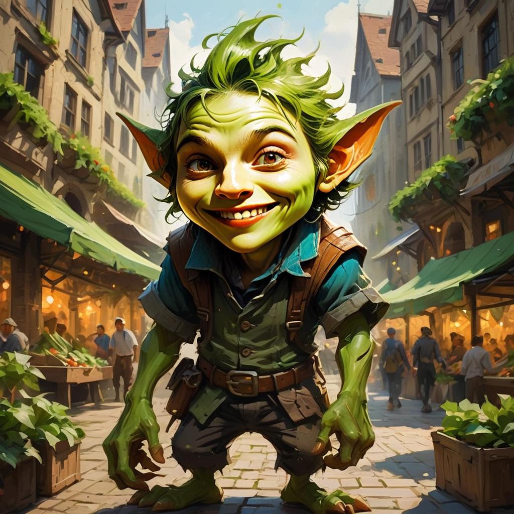 Cheerful Green Goblin in Medieval Marketplace