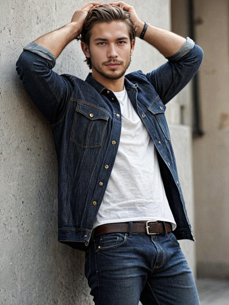 Man in Denim Jacket Leaning Against Wall