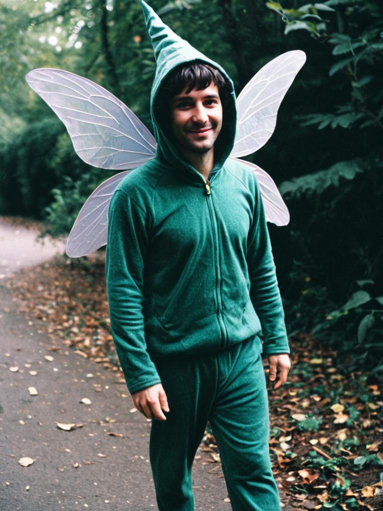 Man in Green Fairy Costume with Wings in Forest Path