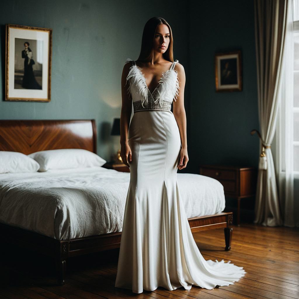 Elegant Woman in White Gown in Vintage Bedroom Elegant Woman in White Gown in Vintage Bedroom