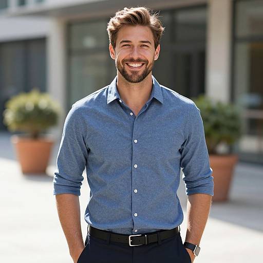 Smiling Young Man in Casual Blue Shirt Outdoors
