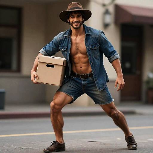 Stylish Gen Z Man in Denim Jacket and Shorts Holding Box Outdoors