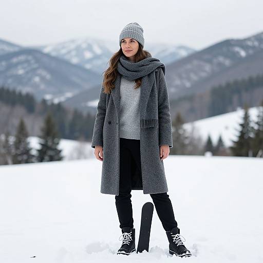 Woman in Grey Coat with Snowboard in Winter Mountain Landscape