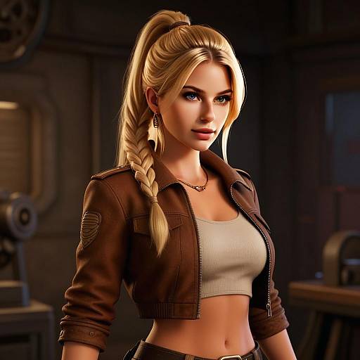 3D Render of Blonde Woman in Brown Cropped Jacket with Fishtail Braid
