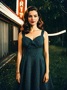 Woman in Retro Party Dress Photorealistic Outdoor Portrait with Neon Lighting