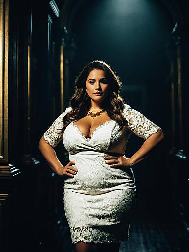 Elegant Plus Size Woman in White Lace Dress Posing Confidently