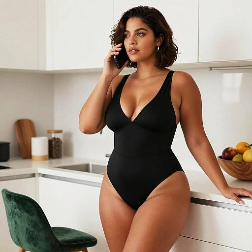 Plus Size Woman in Black Swimsuit Talking on Phone in Modern Kitchen