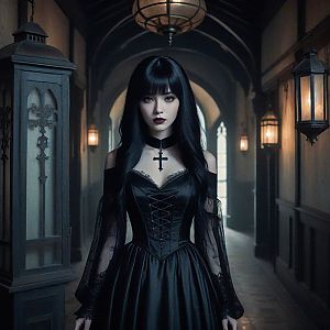 Elegant Woman in Gothic Interior