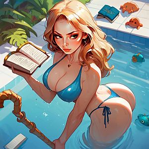 Woman Emerging from Pool with Book