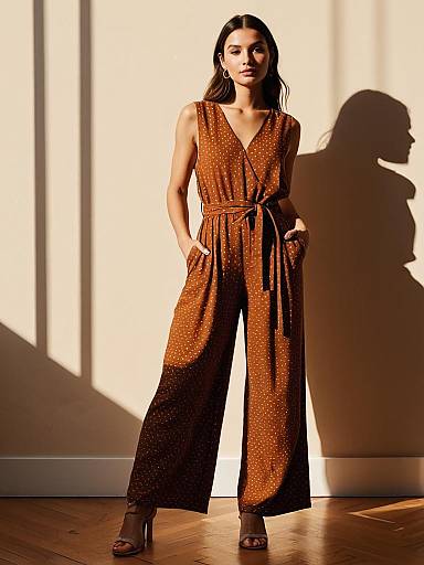 Woman Wearing Rust Polka Dot Sleeveless Jumpsuit with Waist Tie Standing Indoors