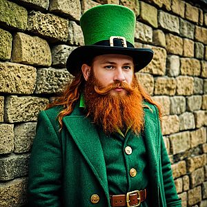 Man in Traditional Green Outfit with Red Beard and Top Hat by Stone Wall