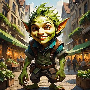 Cheerful Green Goblin in Medieval Marketplace