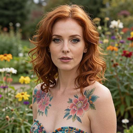 Red-Haired Woman with Floral Tattoos in Garden Portrait