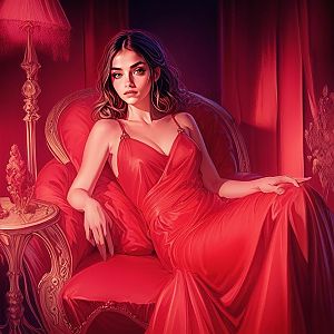 Elegant Woman in Red Gown on Vintage Armchair