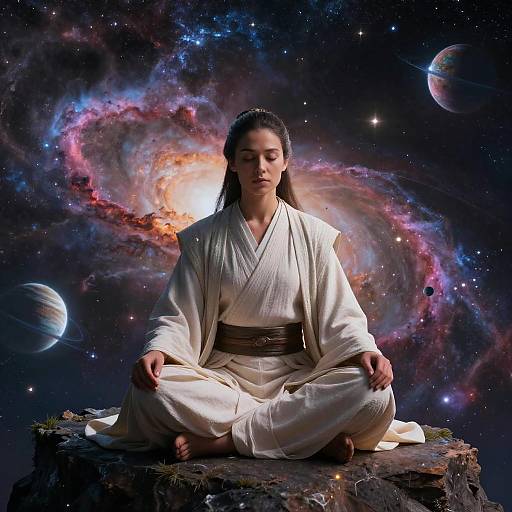 Meditating Woman in White Robe with Cosmic Galaxy Background