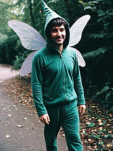 Man in Green Fairy Costume with Wings in Forest Path