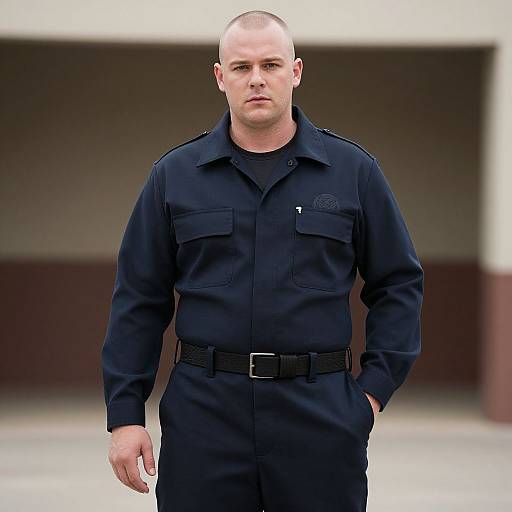 Professional Man in Dark Blue Security Uniform Standing Outdoors