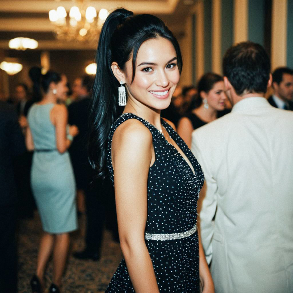 Elegant Woman in Black Evening Gown at Formal Event