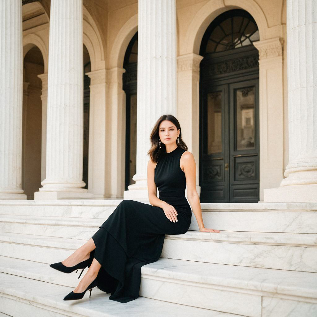 Elegant Woman in Black Gown on Marble Steps