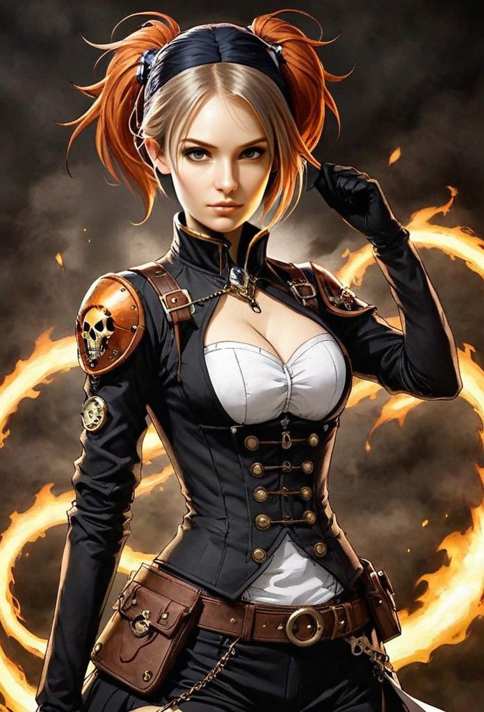 Steampunk Woman with Fiery Pigtails and Glowing Energy Digital Art
