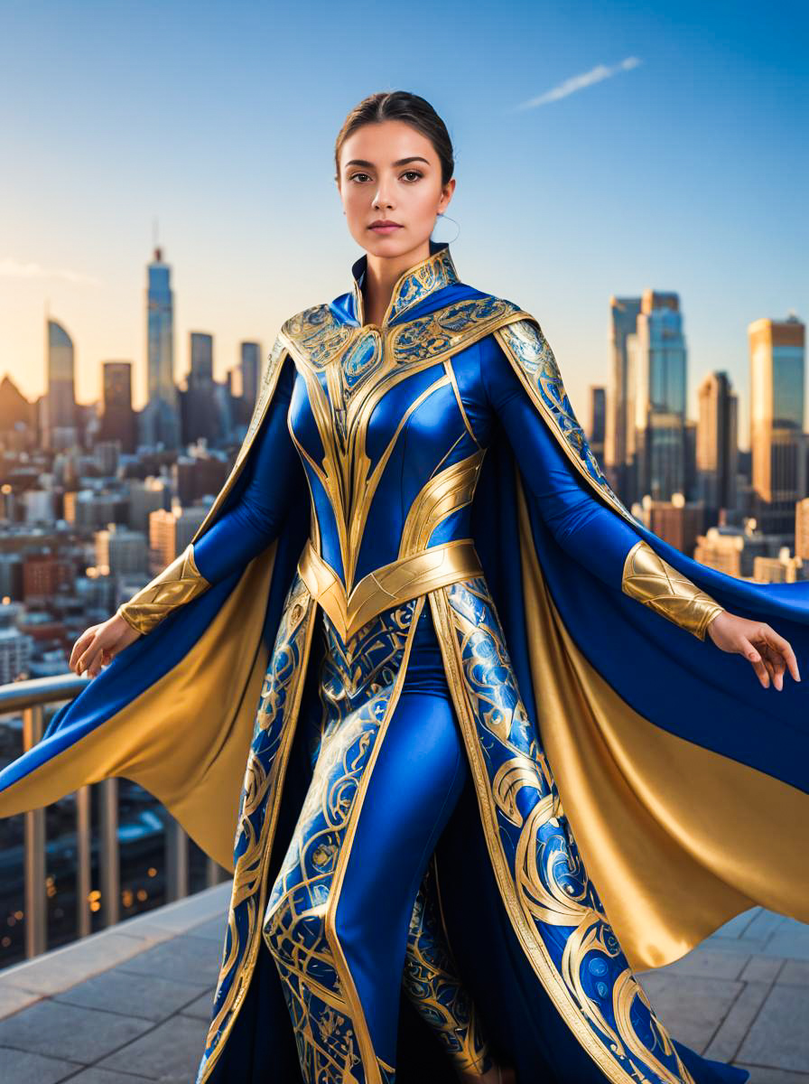 Elegant Woman in Blue and Gold Costume Against City Skyline