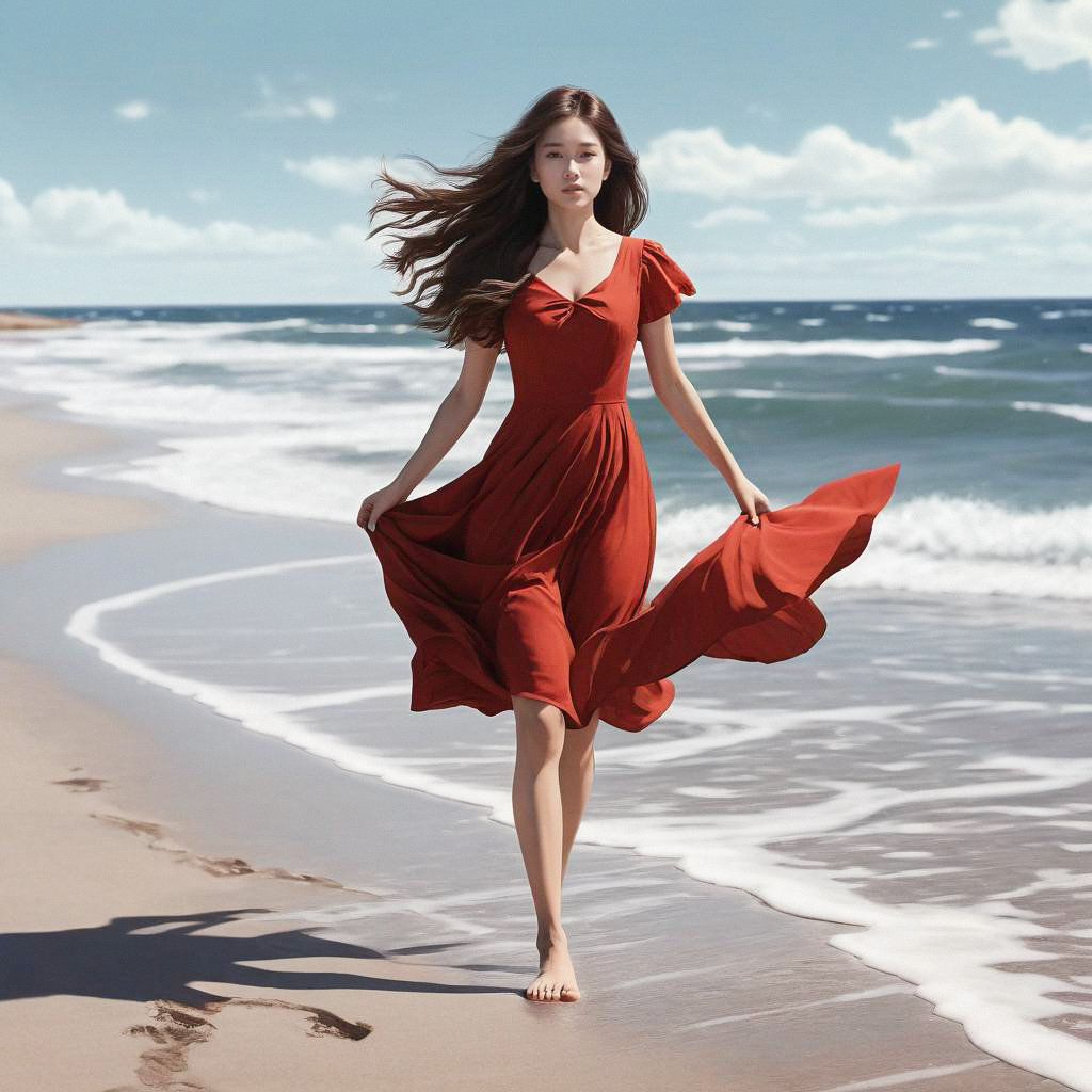 Woman in Red Dress on Sandy Beach Woman in Red Dress on Sandy Beach