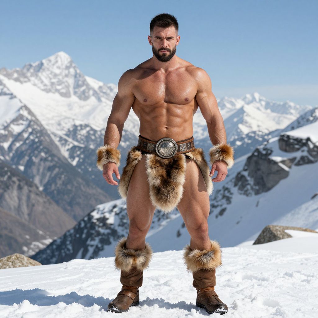 Barbarian Man in Fur Costume Standing on Snowy Mountain