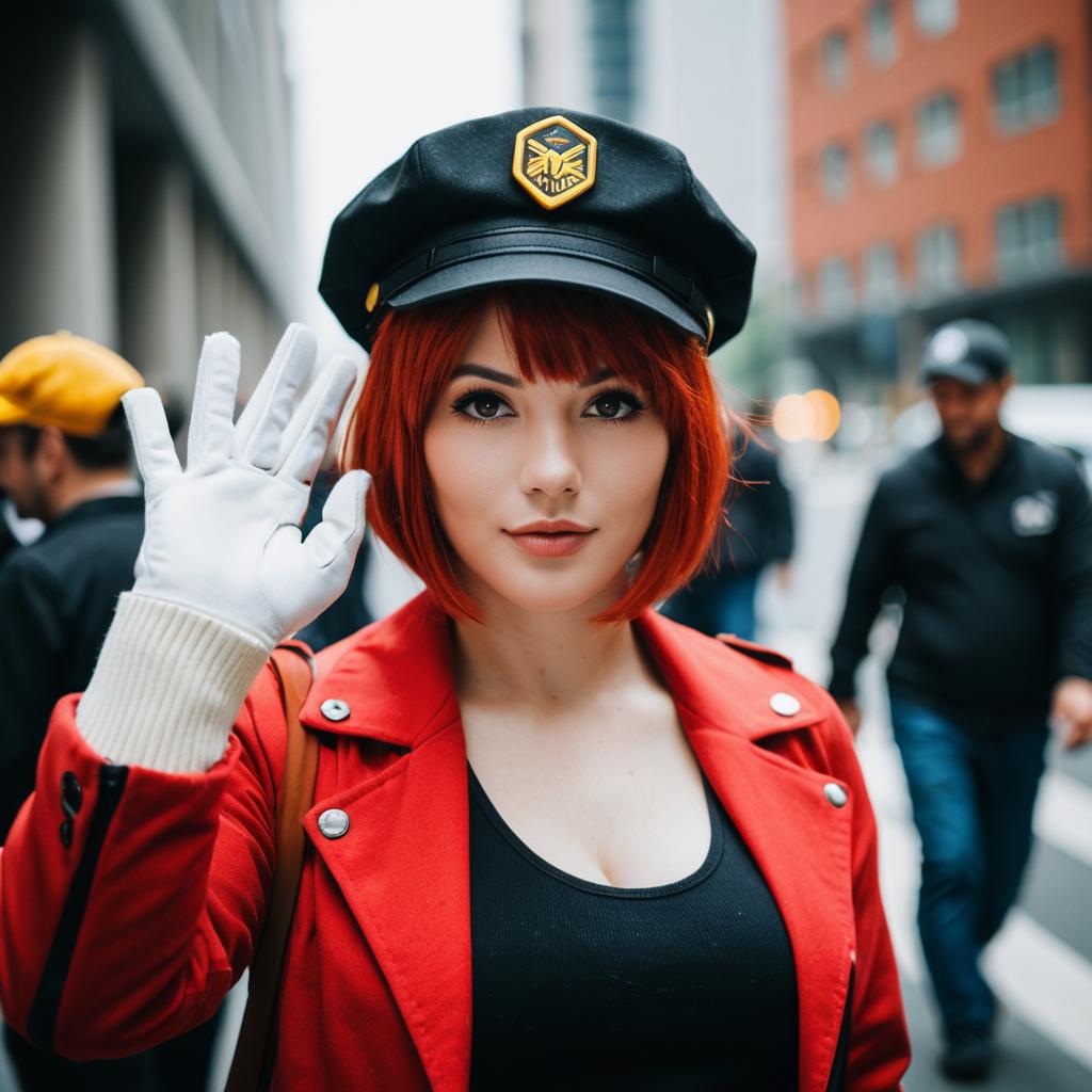 Red-haired Woman in Stylish Red Coat and Black Cap Waving in Urban Street