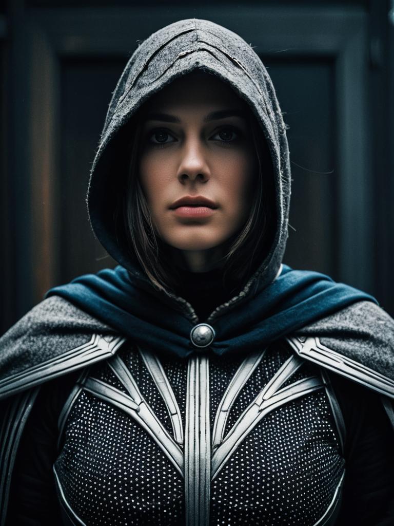 Powerful Cinematic Realism Portrait of Woman in She Costume with Hood and Armor