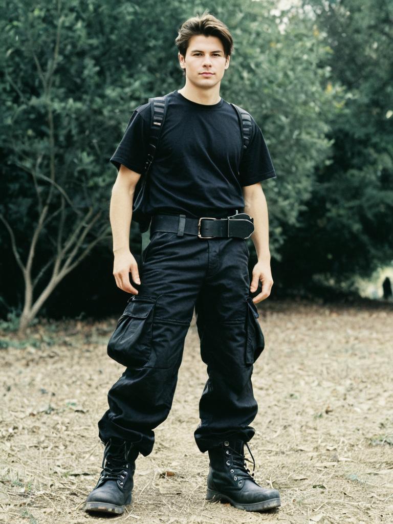 Man Wearing Black Cargo Pants Costume with Tactical Style Outdoors