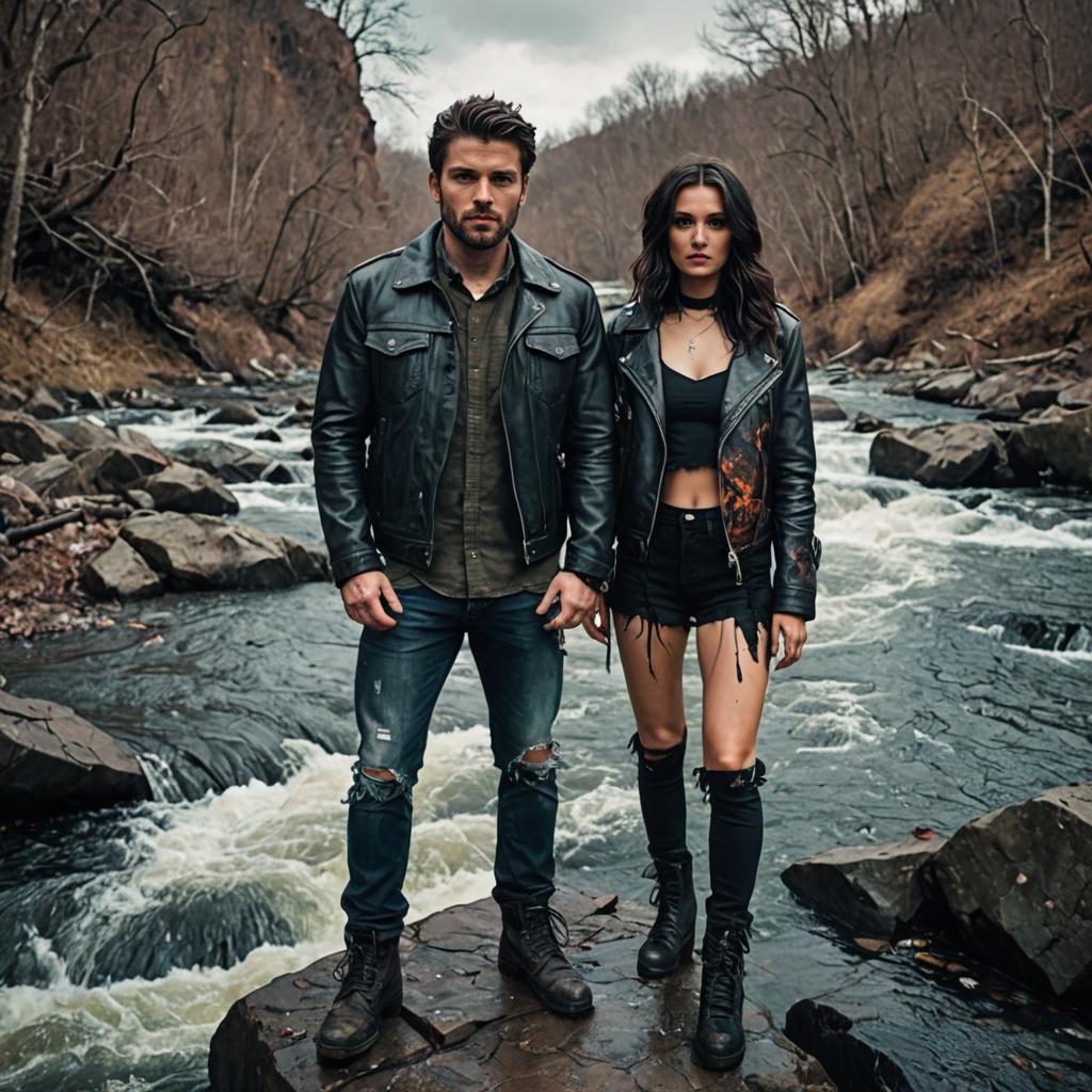 Edgy couple on rocks in river