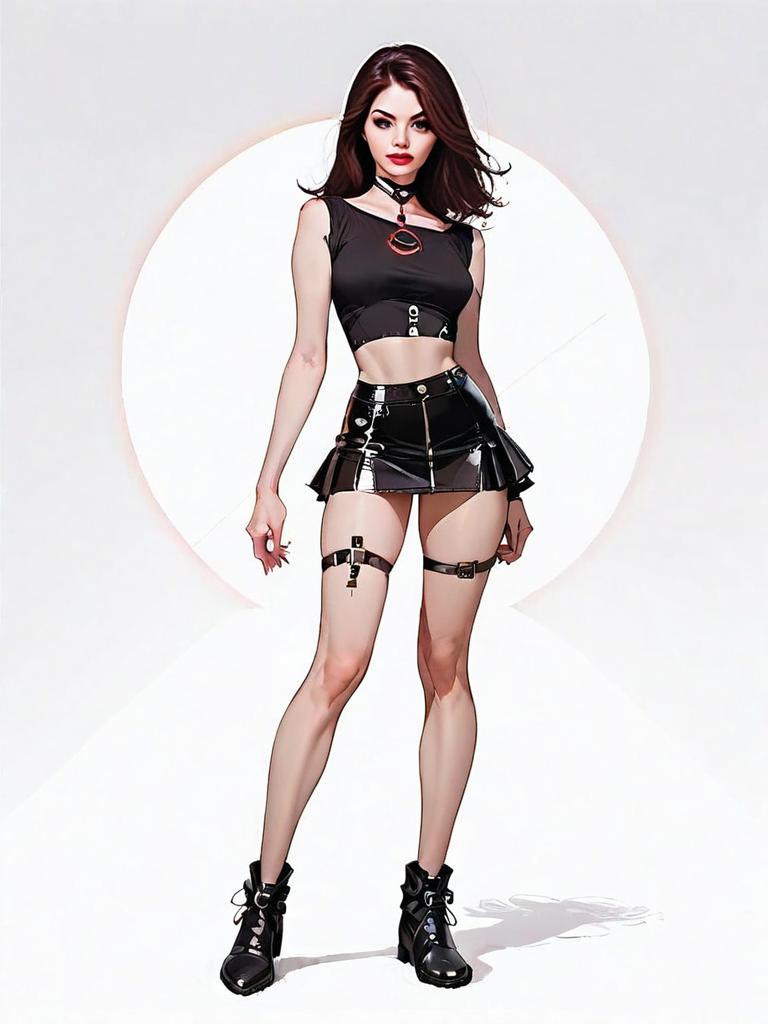 Realistic Comic Style Woman in Black Crop Top and Mini Skirt Full Body Illustration