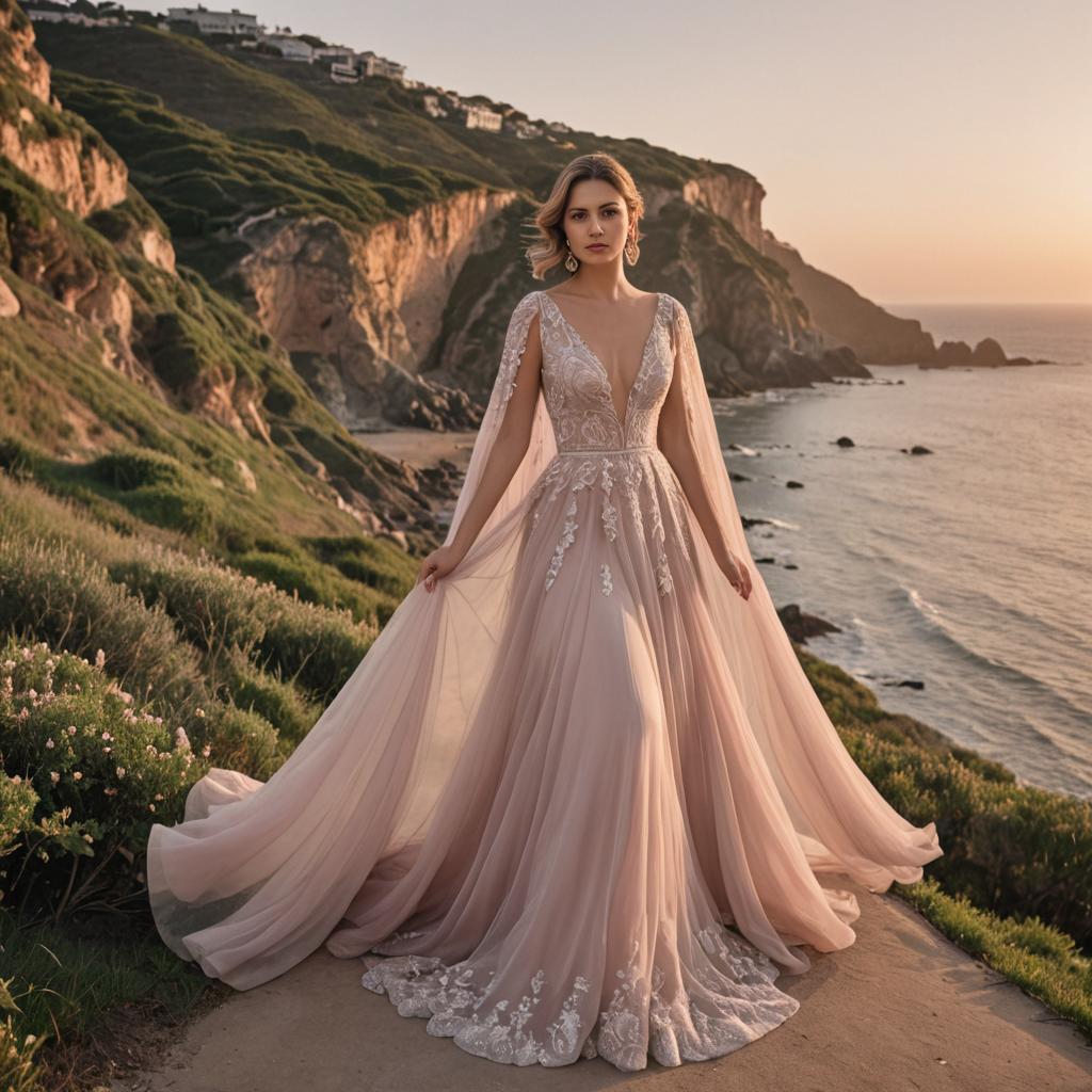 Elegant Bride on Cliff at Sunset