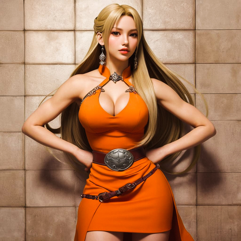 Confident Woman in Orange Dress Against Textured Wall Confident Woman in Orange Dress Against Textured Wall