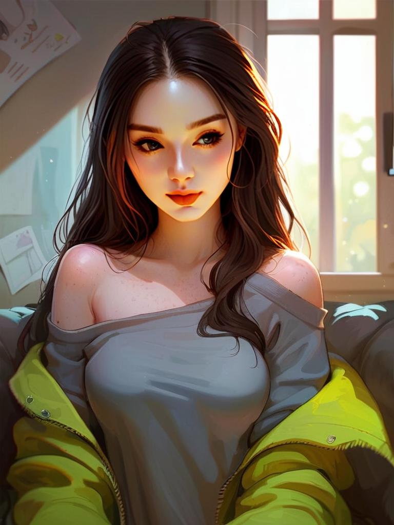 Young Woman by Sunlit Window in Grey Top and Yellow Jacket