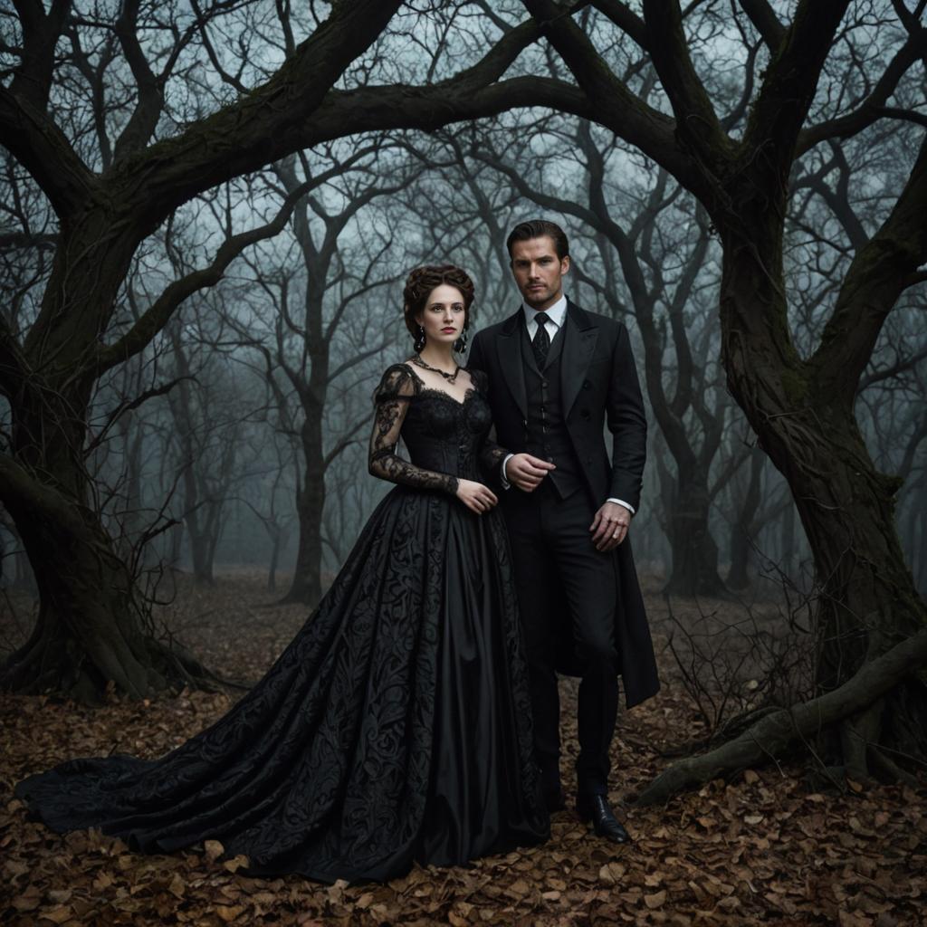 Victorian Couple in Foggy Gothic Forest